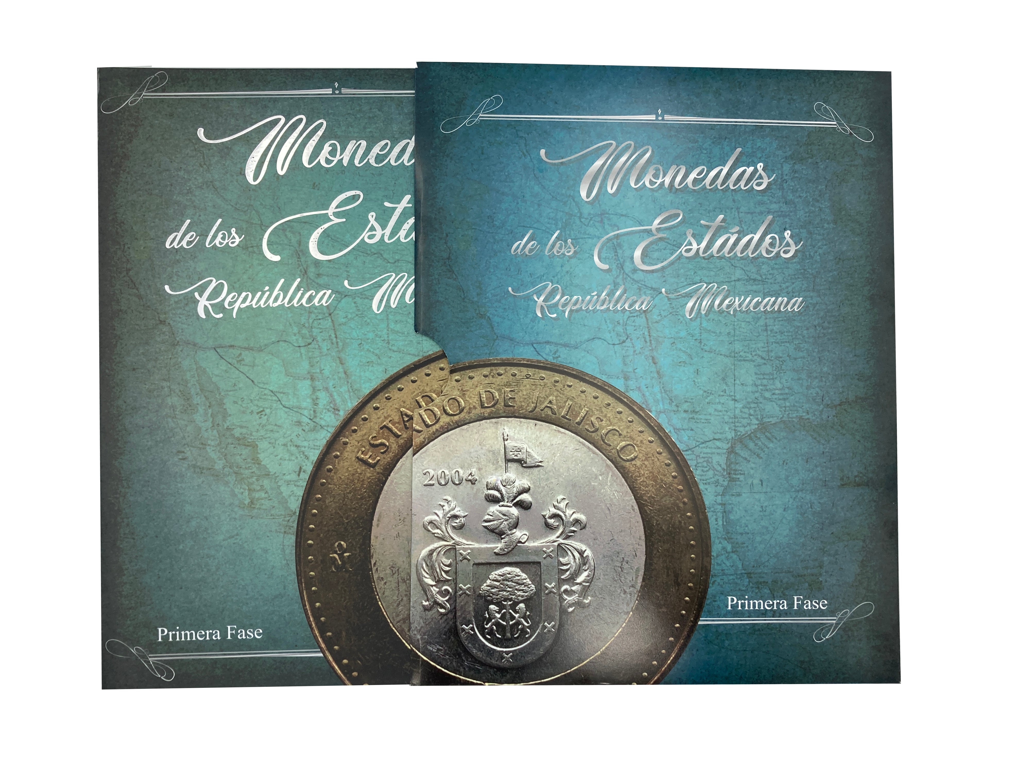 Álbum de pasta dura para la colección de monedas de $100 pesos bimetálicas con los escudos de los estados de la República Mexicana, Primera Fase Heráldica (2003-2005). El álbum cuenta con 32 espacios para monedas, ideal para coleccionistas y numismáticos. Álbum de pasta dura para la colección de monedas de $100 pesos bimetálicas con los escudos de los estados de la República Mexicana, Primera Fase Heráldica (2003-2005). El álbum cuenta con 32 espacios para monedas, ideal para coleccionistas y numismáticos.